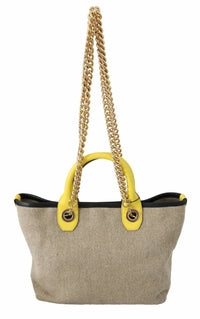 Thumbnail for Beige Linen-Calf Tote with Gold Chain