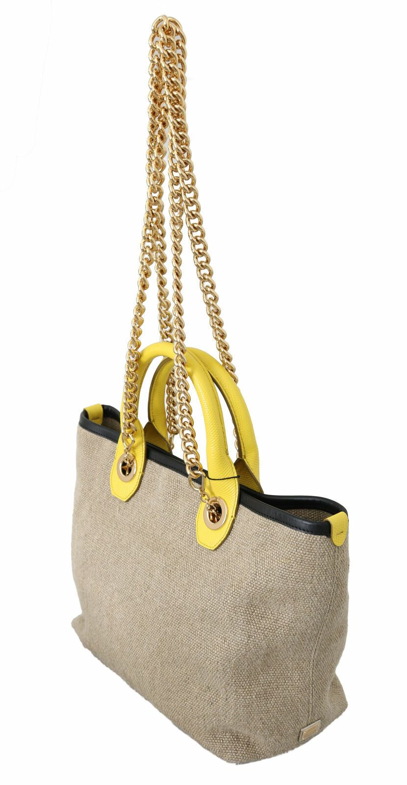 Beige Linen-Calf Tote with Gold Chain