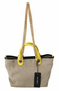 Thumbnail for Beige Linen-Calf Tote with Gold Chain