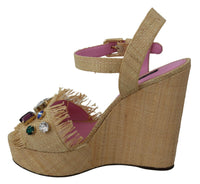 Thumbnail for Beige Silk Strap Wedge Sandals