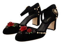 Thumbnail for Elegant Velvet Studded Heels with Floral Accent