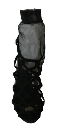 Thumbnail for Black Suede Tulle Ankle Boot Sandals