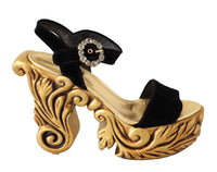 Thumbnail for Black Gold Baroque Velvet Heels Crystal Shoes