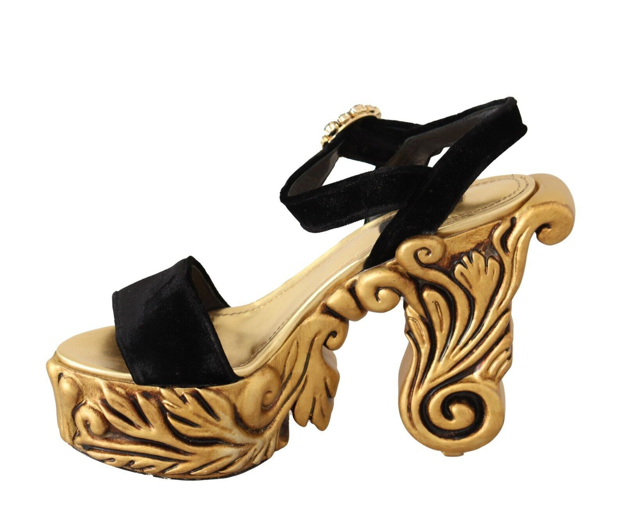 Black Gold Baroque Velvet Heels Crystal Shoes