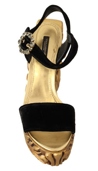 Thumbnail for Black Gold Baroque Velvet Heels Crystal Shoes