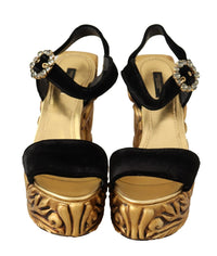 Thumbnail for Black Gold Baroque Velvet Heels Crystal Shoes