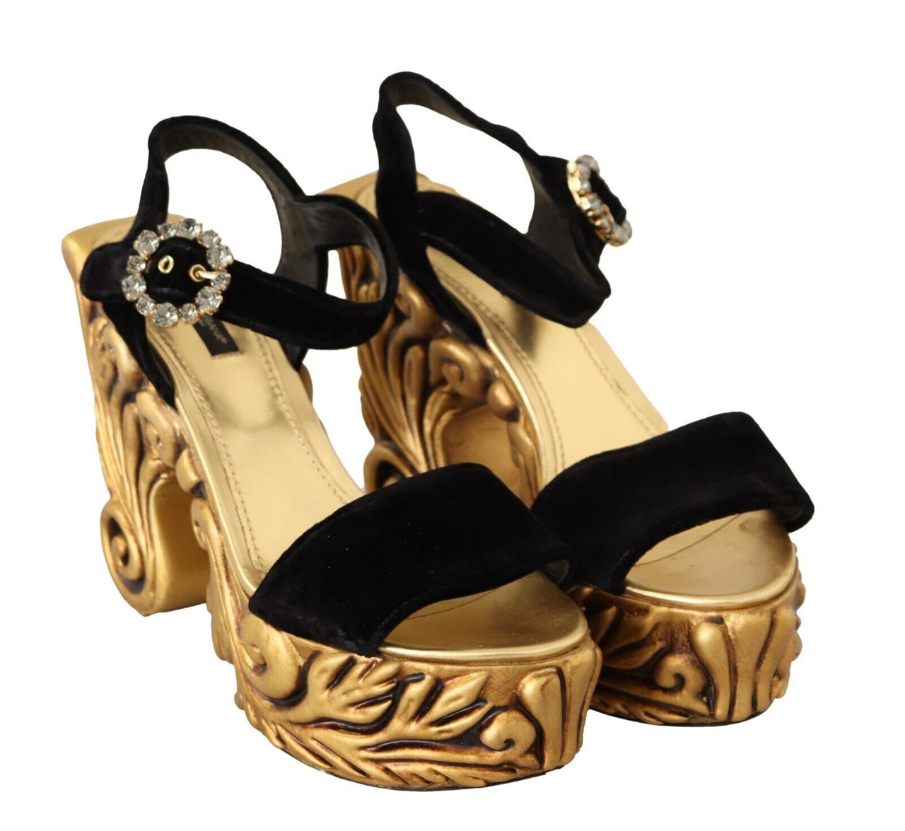 Black Gold Baroque Velvet Heels Crystal Shoes