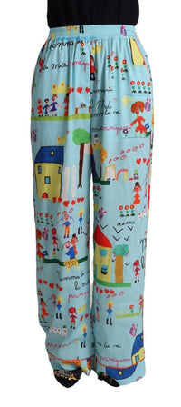 Thumbnail for Light Blue Drawing Mid Waist Wide Leg Pants