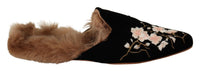 Thumbnail for Chic Black Velvet Floral Embroidered Slides