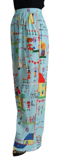Thumbnail for Light Blue Drawing Mid Waist Wide Leg Pants