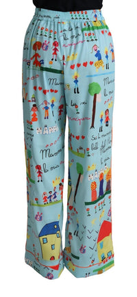 Thumbnail for Light Blue Drawing Mid Waist Wide Leg Pants