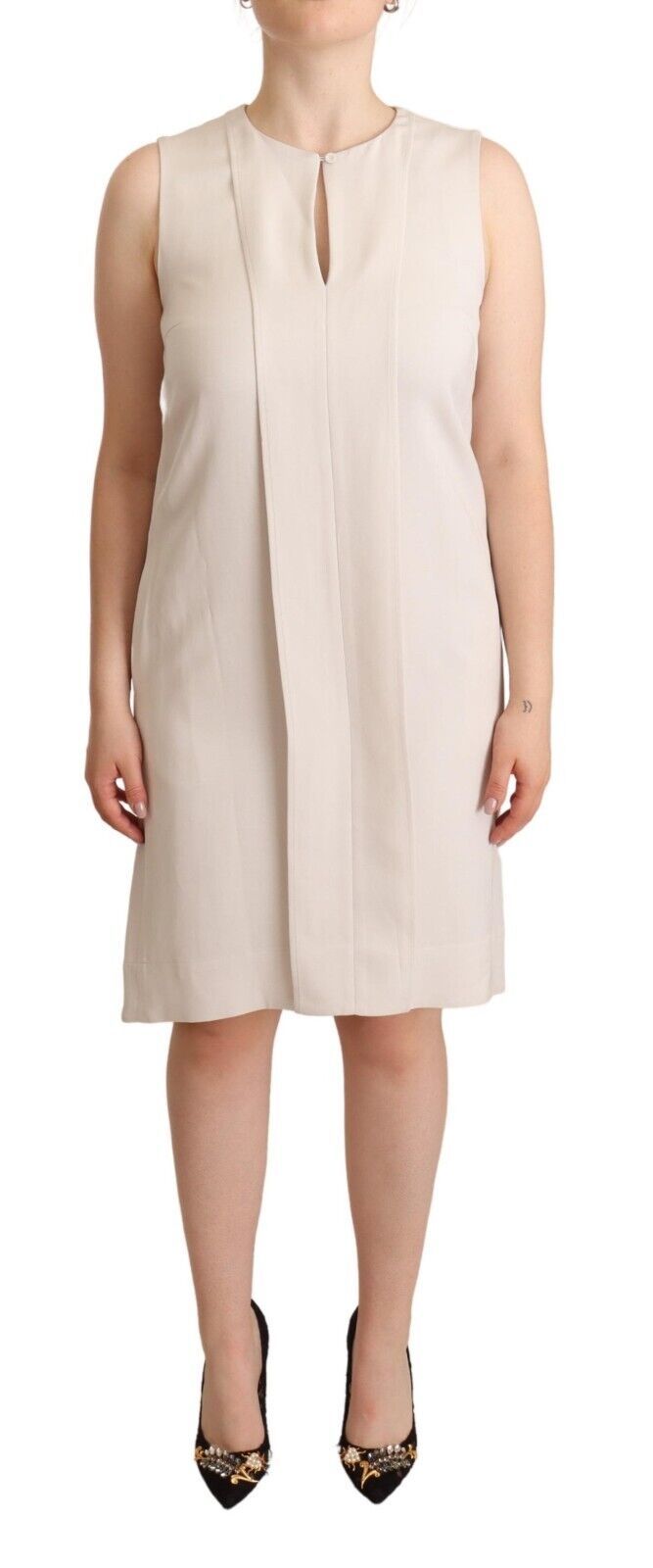 Beige Sleeveless Round Neck Knee Length Shift Dress