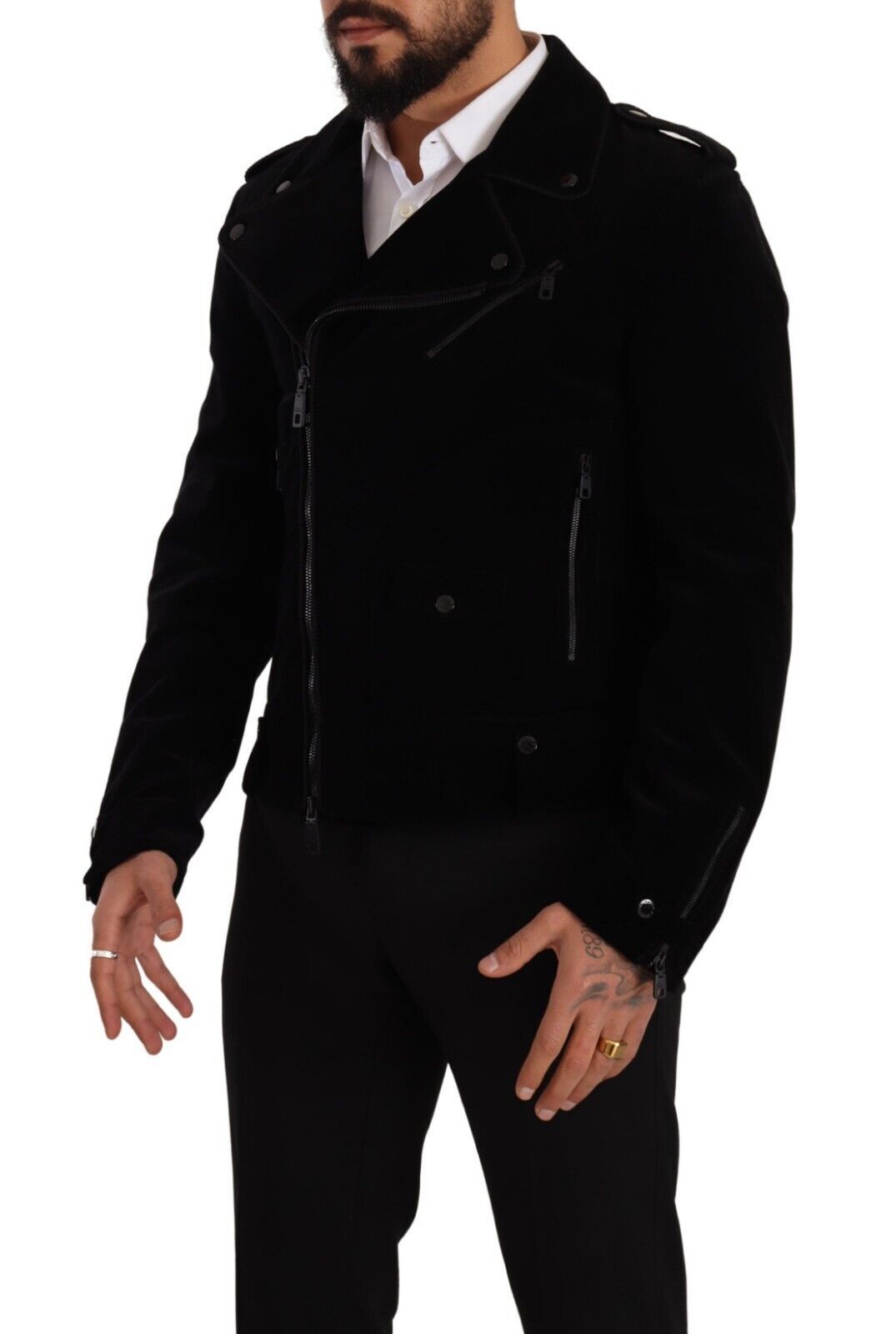 Sleek Black Cotton Biker Jacket