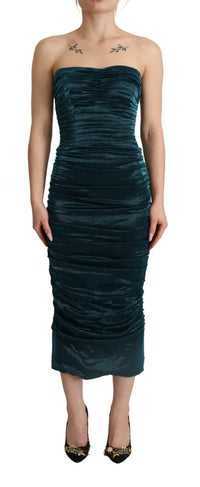 Thumbnail for Turquoise Draped Satin Midi Dress
