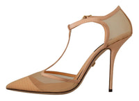 Thumbnail for Elegant Beige Mesh T-Strap Pumps