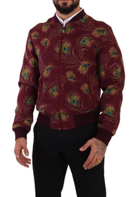 Thumbnail for Radiant Red Peacock Print Bomber Jacket