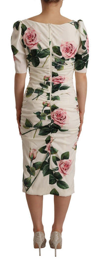 Thumbnail for White Roses Print Stretch Silk Pleated Dress