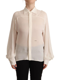 Thumbnail for Off White Silk Long Sleeves Collared Blouse Top