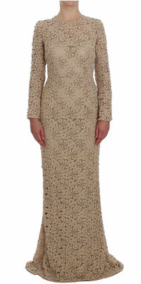 Thumbnail for Beige Floral Lace Long Sleeve Maxi Dress