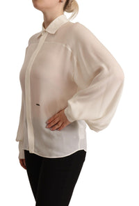 Thumbnail for Off White Silk Long Sleeves Collared Blouse Top