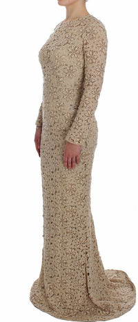 Thumbnail for Beige Floral Lace Long Sleeve Maxi Dress