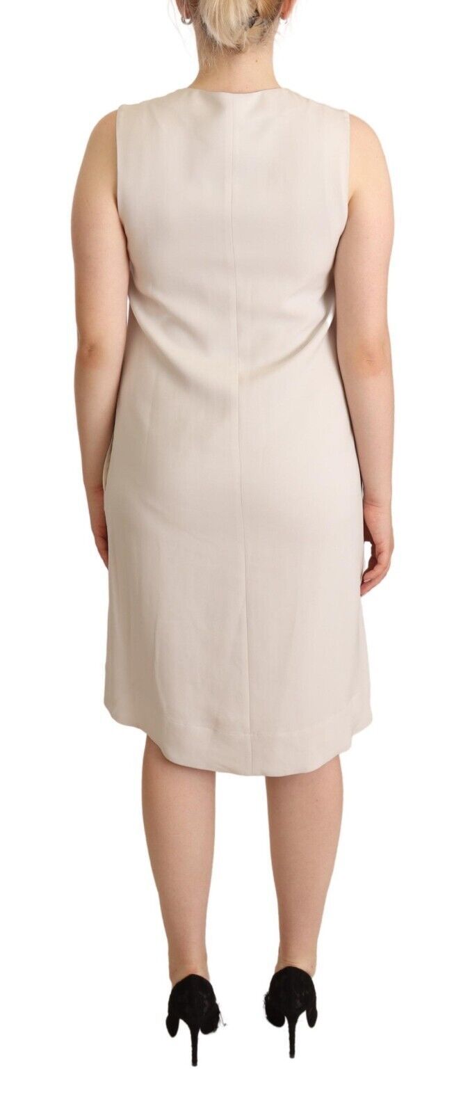 Beige Sleeveless Round Neck Knee Length Shift Dress