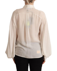 Thumbnail for Off White Silk Long Sleeves Collared Blouse Top