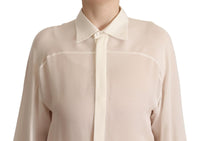 Thumbnail for Off White Silk Long Sleeves Collared Blouse Top