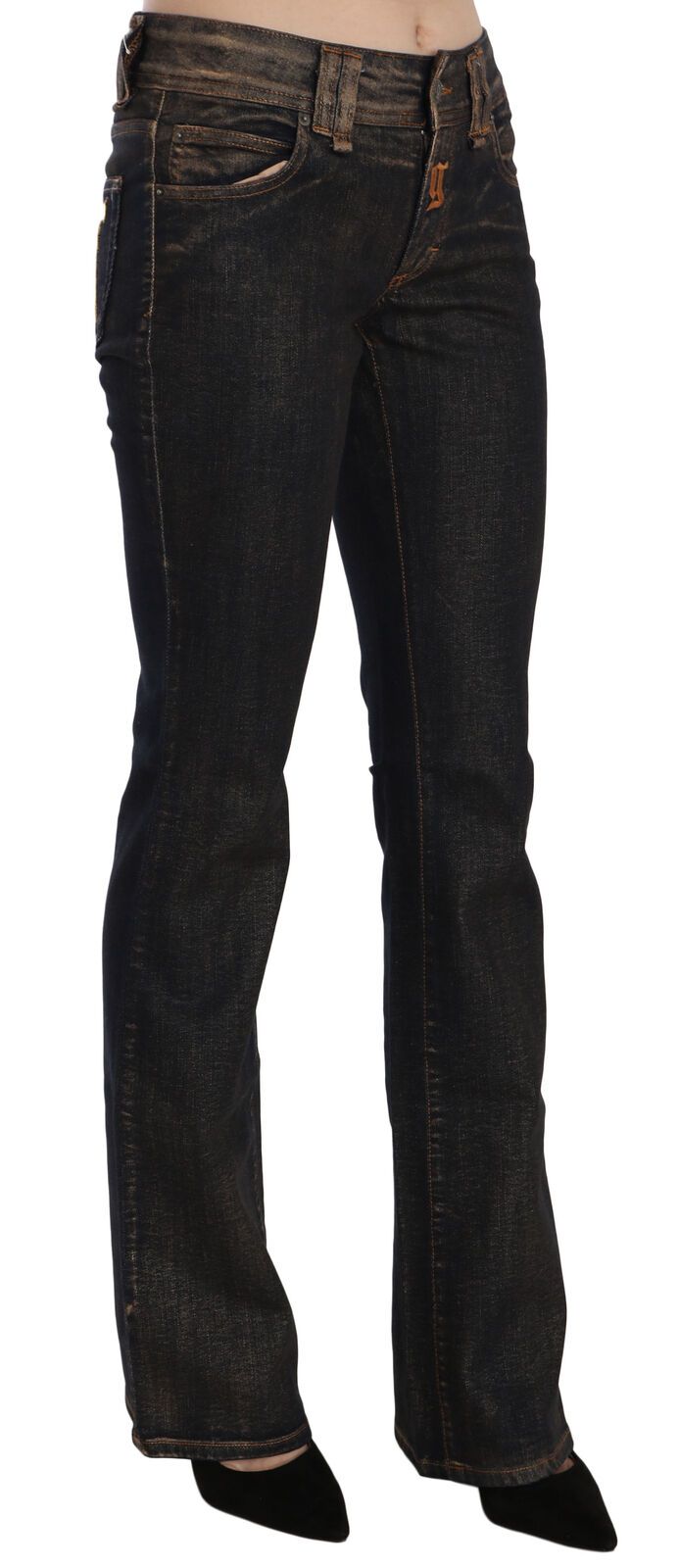 Black Washed Mid Waist Flared Denim Pants Cotton