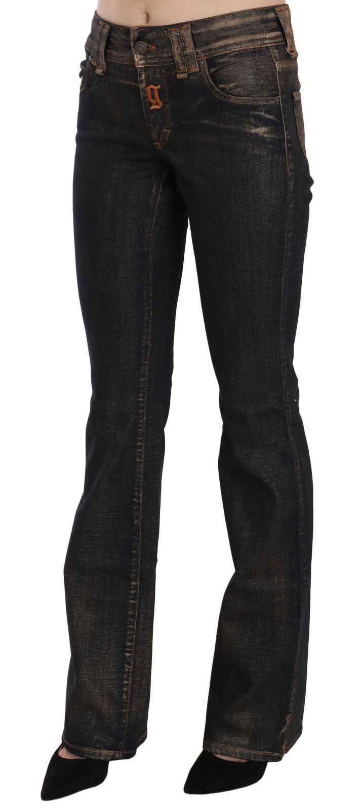 Black Washed Mid Waist Flared Denim Pants Cotton