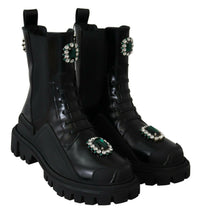 Thumbnail for Elegant Black Leather Combat Boots with Crystal Detail