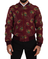Thumbnail for Radiant Red Peacock Print Bomber Jacket