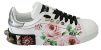 Thumbnail for White Leather Crystal Roses Floral Sneakers Shoes