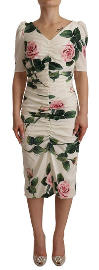 Thumbnail for White Roses Print Stretch Silk Pleated Dress