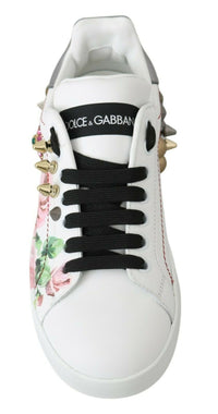 Thumbnail for White Leather Crystal Roses Floral Sneakers Shoes