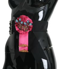 Thumbnail for Black Pink Flower Brooch Crystals Cotton Belt