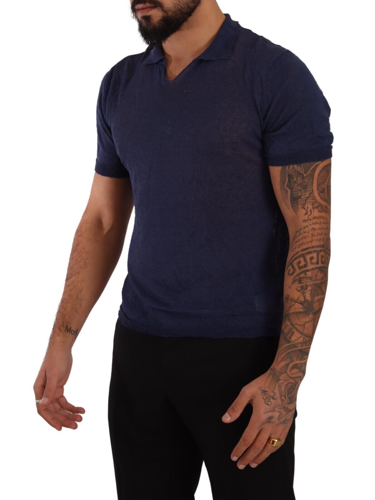 Navy Linen Blend Collared T-Shirt