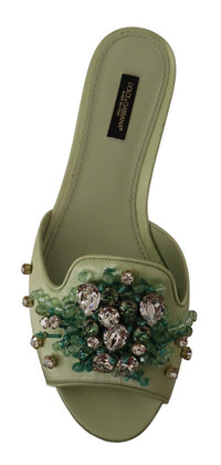 Thumbnail for Elegant Crystal-Embellished Green Leather Slides