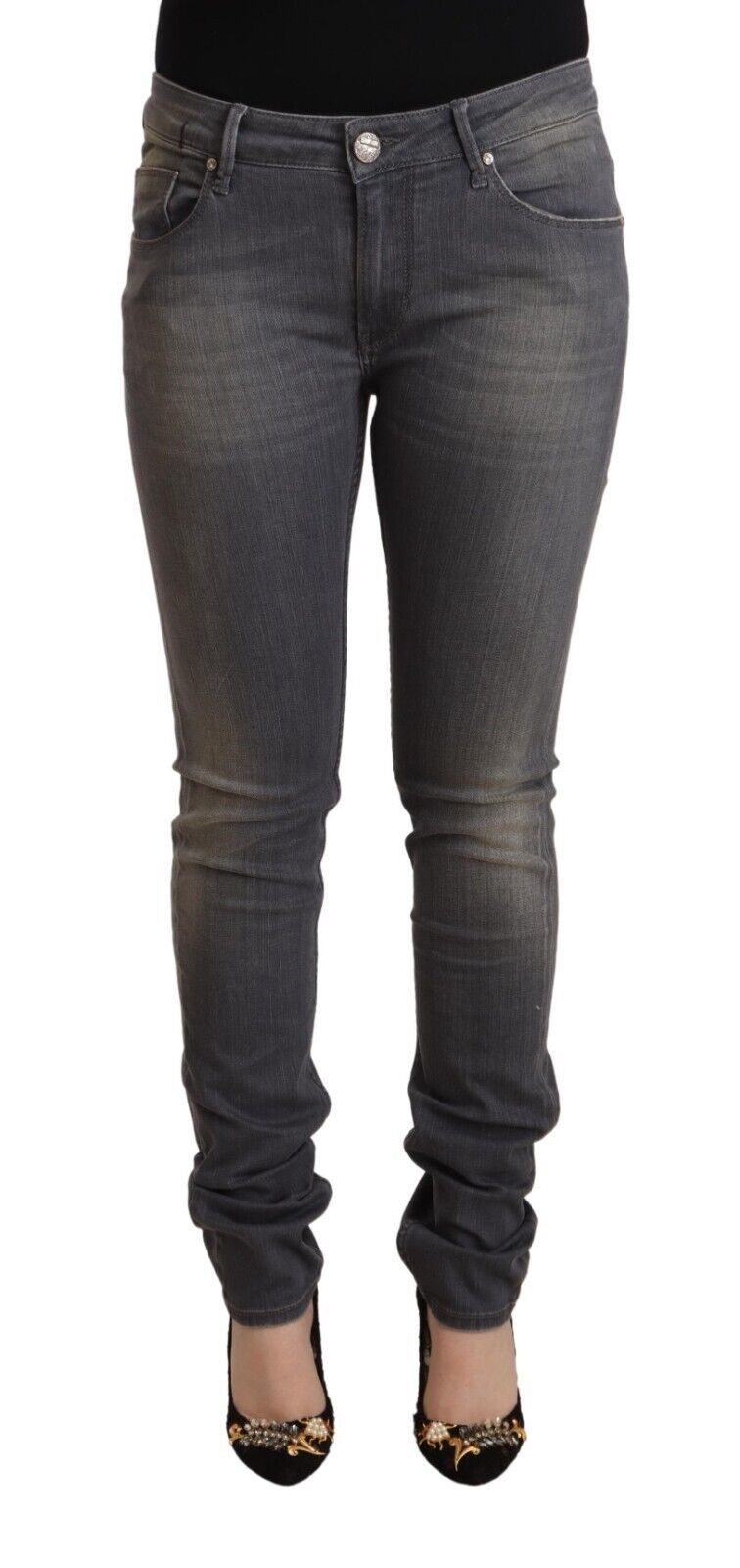 Dark Gray Washed Cotton Denim Skinny Jeans