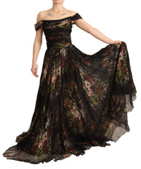 Thumbnail for Floral Silk Off-Shoulder Long Dress