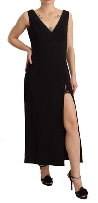 Thumbnail for Black Silk Stretch Side Slit Sheath Midi Dress