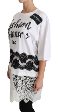 Thumbnail for White Fashion Sinner Cotton Lace T-shirt Top