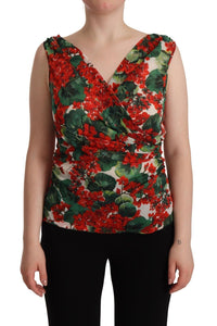 Thumbnail for Elegant V-Neck Geranium Print Silk Tank Top