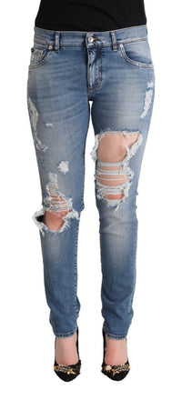 Thumbnail for Blue Distressed Cotton Denim Skinny Jeans