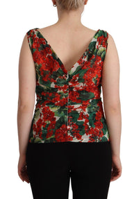 Thumbnail for Elegant V-Neck Geranium Print Silk Tank Top