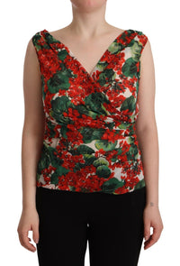 Thumbnail for Elegant V-Neck Geranium Print Silk Tank Top