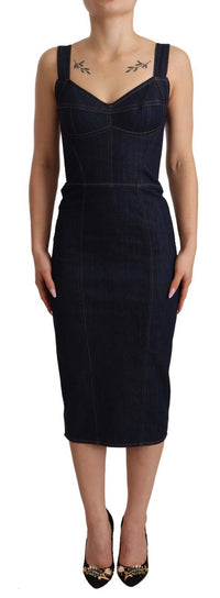 Thumbnail for Dark Blue Cotton Denim Sheath Midi Dress