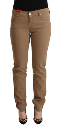 Thumbnail for Brown Cotton Stretch Mid Waist Skinny Pants