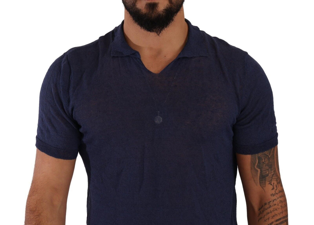 Navy Linen Blend Collared T-Shirt