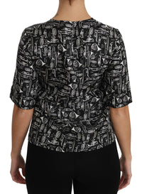 Thumbnail for Black Musical Instruments Print Silk Blouse